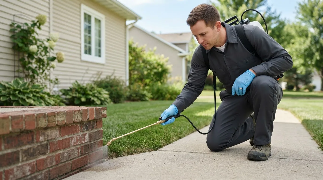 Pest control technician treating a home near Camden, WV