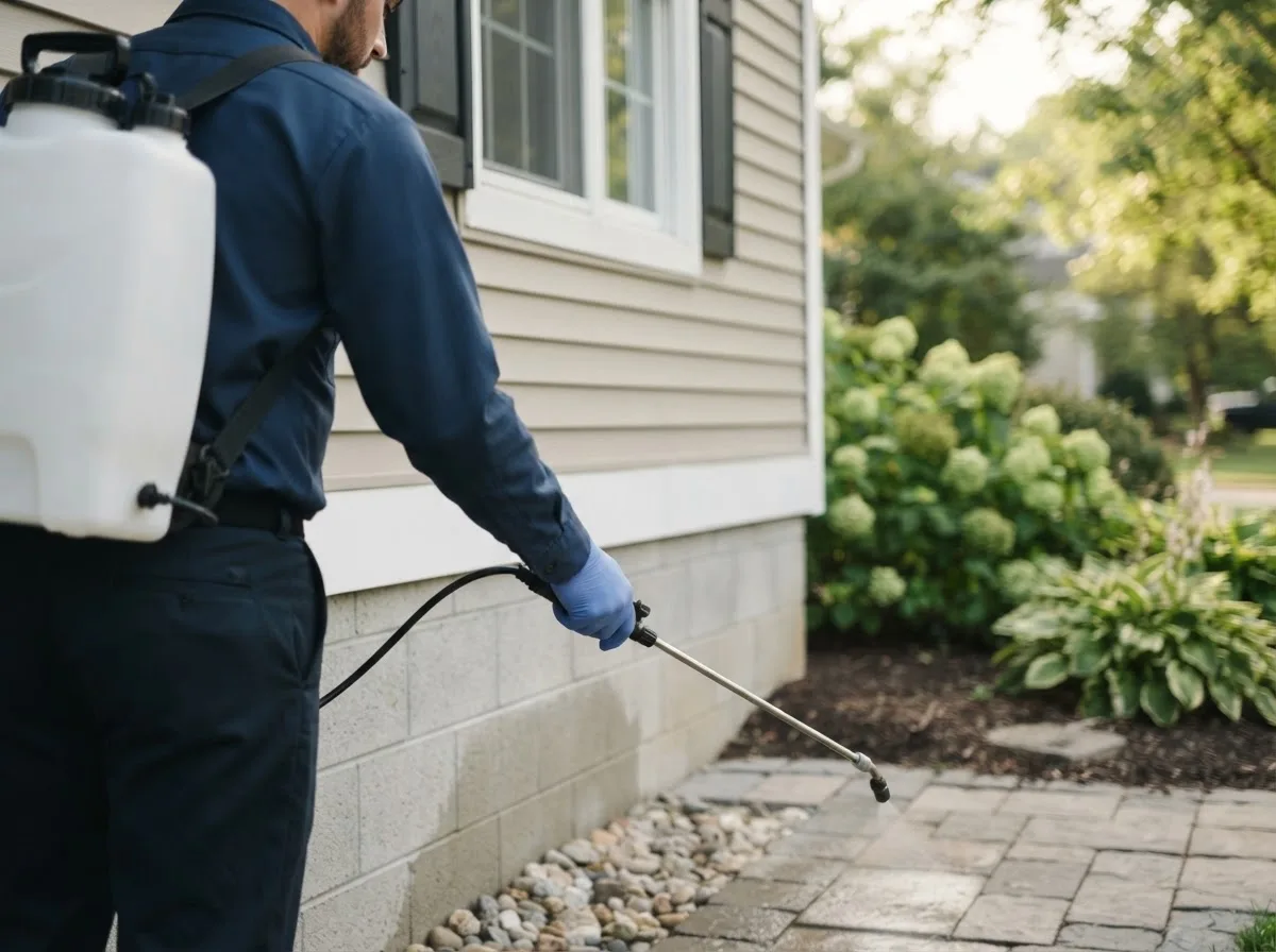 Pest control technician inspecting a home in Camden, WV
